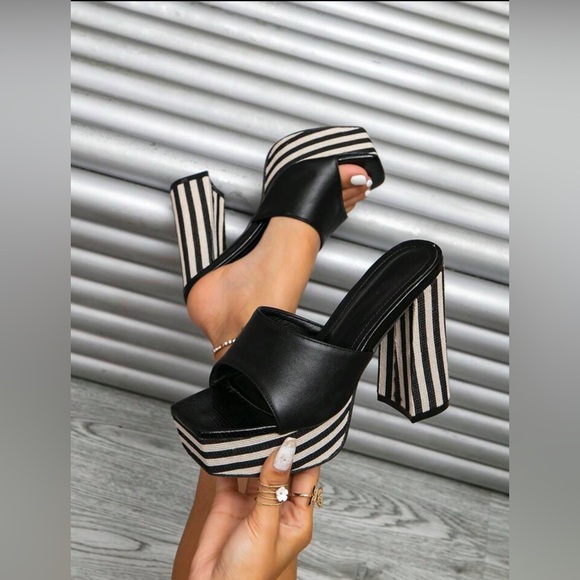 SHEIN Shoes - NWOT Women's New Summer Chunky High Heel Black & White Striped Slip-On Slides